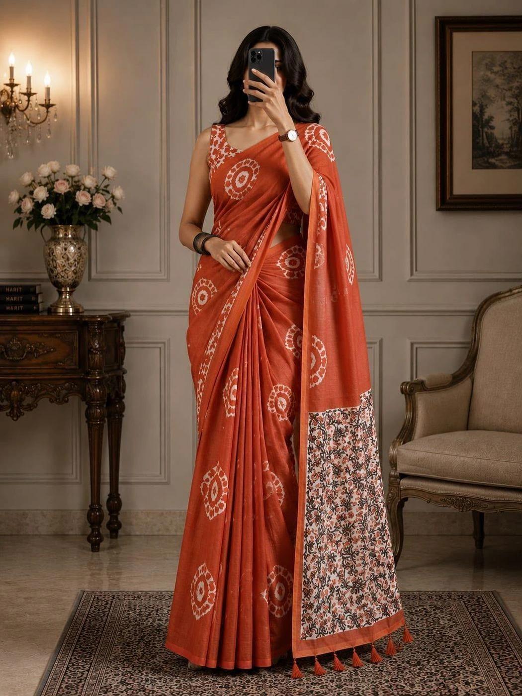 Tryloom Floral Elegance Soft Cotton Linen Saree – Digital Print Designer Saree with Fancy Latkan & Running Blouse 3