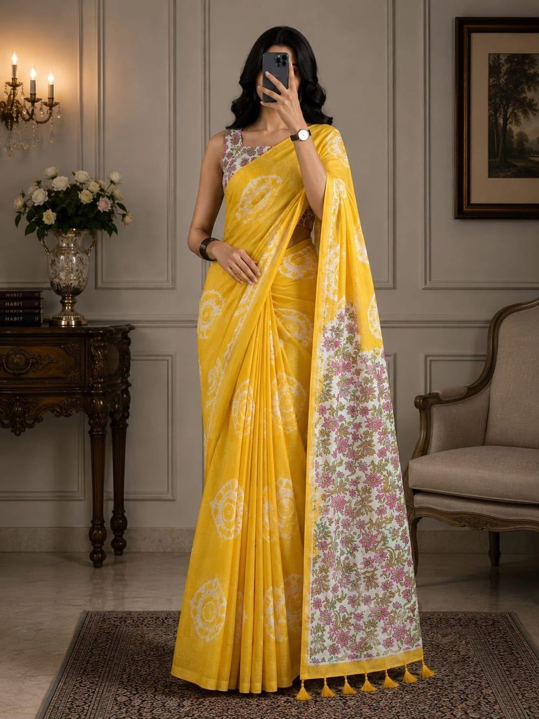 Tryloom Floral Elegance Soft Cotton Linen Saree – Digital Print Designer Saree with Fancy Latkan & Running Blouse 4