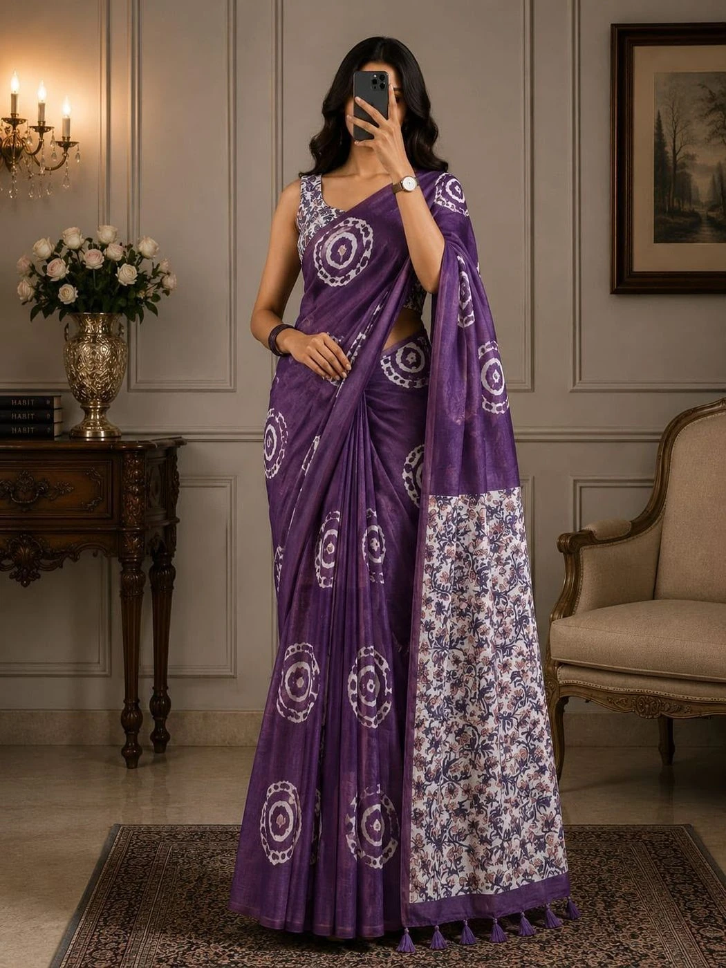 Tryloom Floral Elegance Soft Cotton Linen Saree – Digital Print Designer Saree with Fancy Latkan & Running Blouse 5
