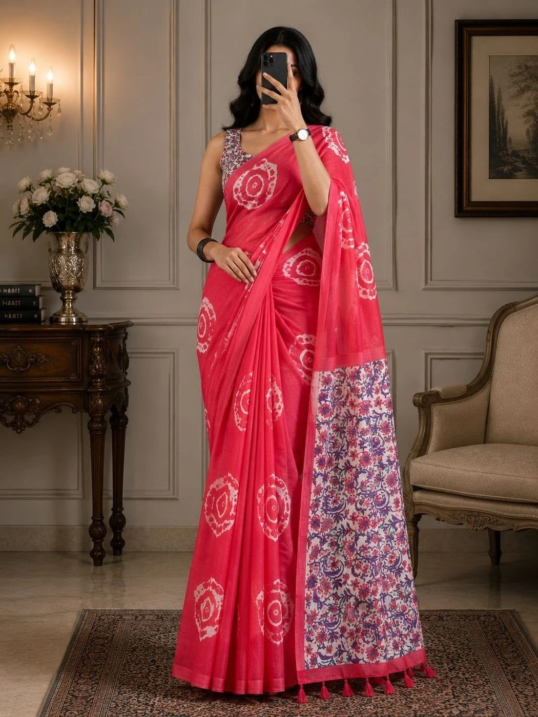 Tryloom Floral Elegance Soft Cotton Linen Saree – Digital Print Designer Saree with Fancy Latkan & Running Blouse 6