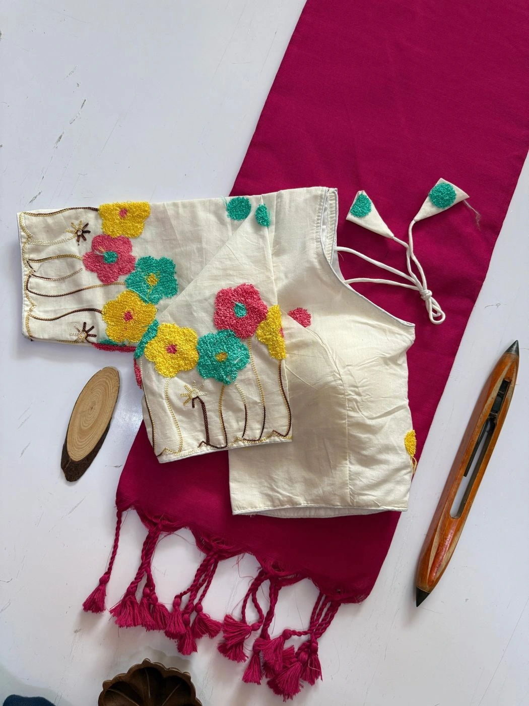 Tryloom Handloom Khadi Cotton Saree – Designer Embroidered Blouse with Premium Aura Cotton & Tassel Pallu (CF-182) 6