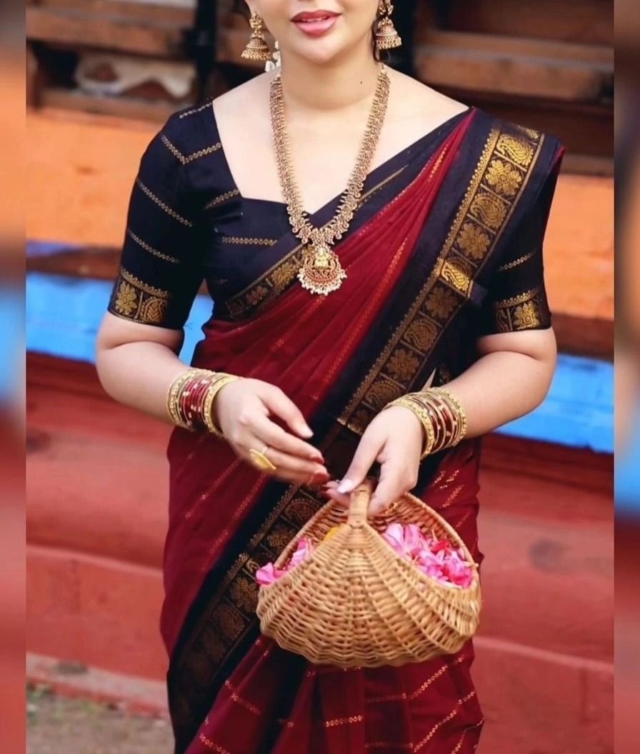 Tryloom Royal Maroon Mettrelthari Sungudi Cotton Saree – Premium Contrast Border Traditional Kerala Saree 1