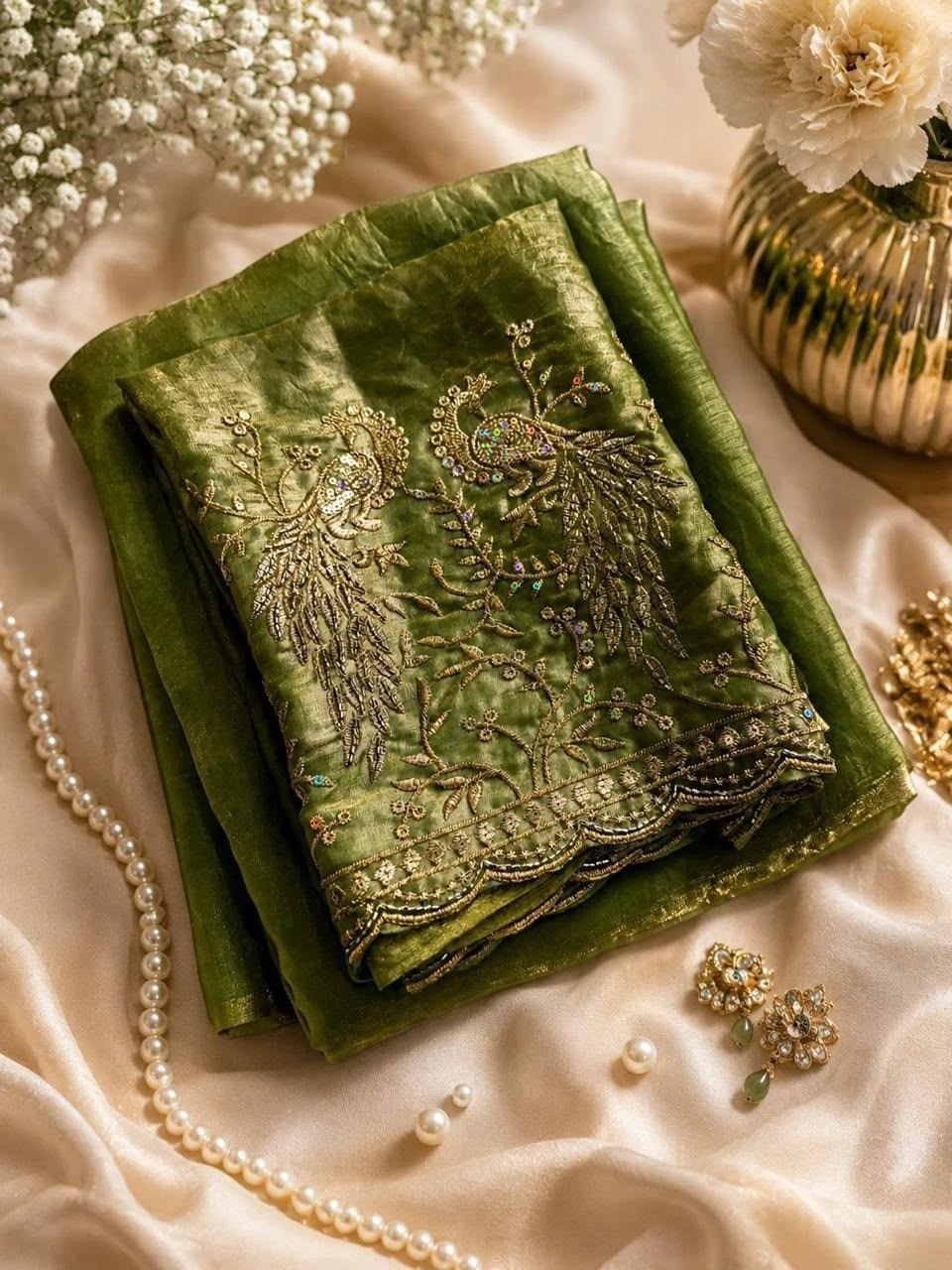 Tryloom Royal Peacock Satin Space Silk Saree – Premium Embroidered Party Wear Designer Saree with Tassels 1