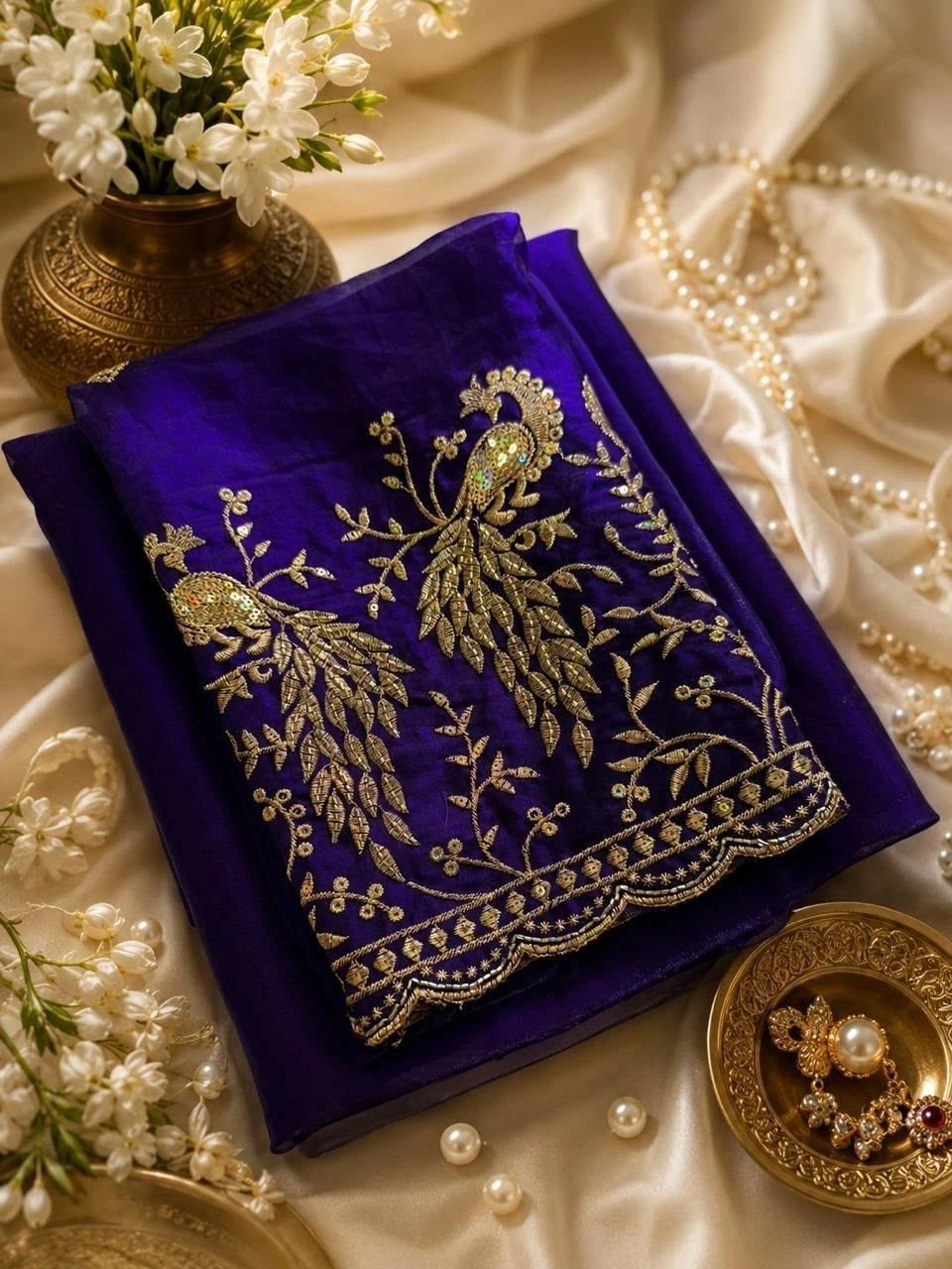 Tryloom Royal Peacock Satin Space Silk Saree – Premium Embroidered Party Wear Designer Saree with Tassels 3