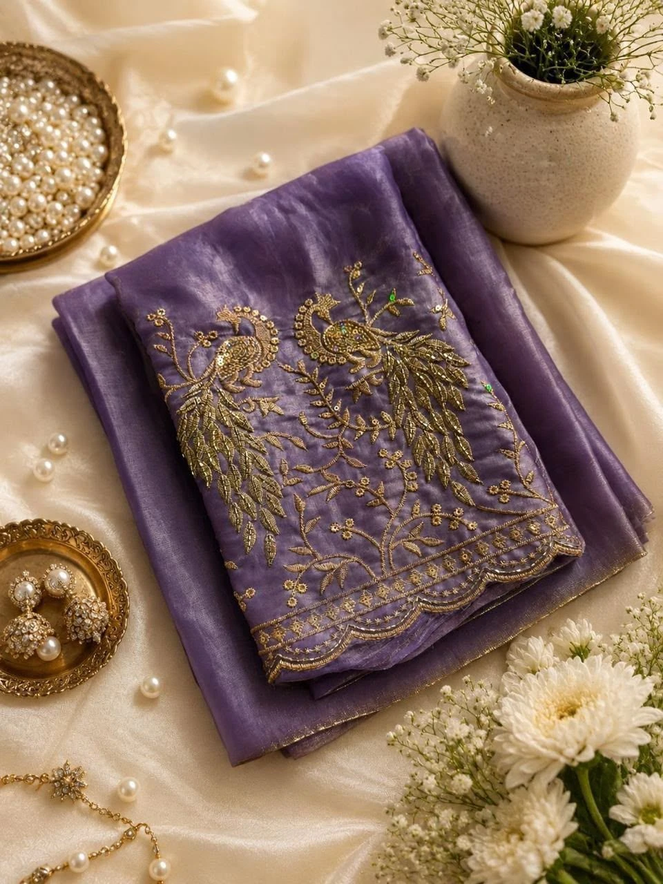 Tryloom Royal Peacock Satin Space Silk Saree – Premium Embroidered Party Wear Designer Saree with Tassels 4