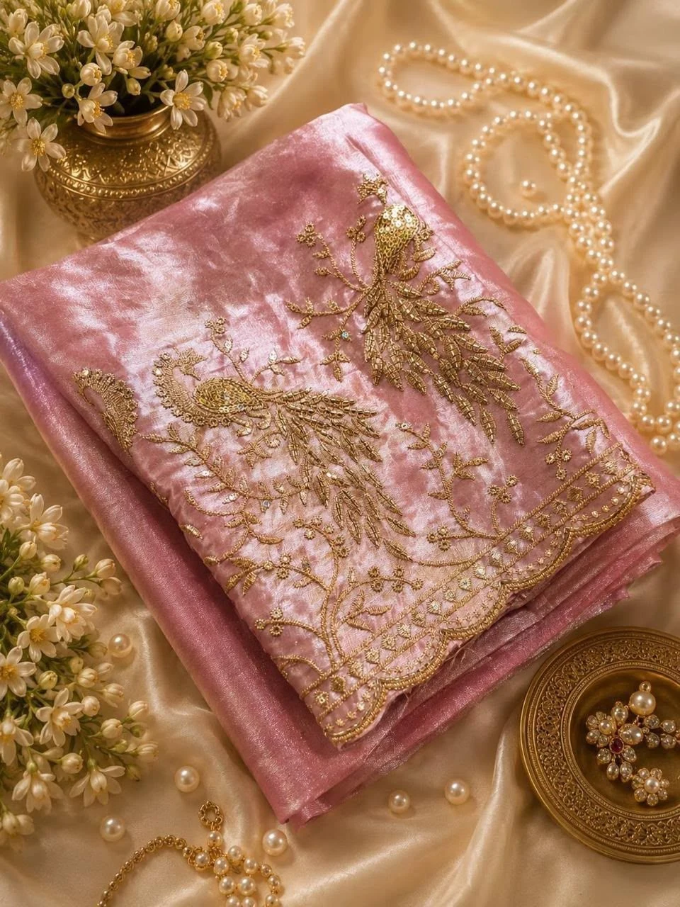 Tryloom Royal Peacock Satin Space Silk Saree – Premium Embroidered Party Wear Designer Saree with Tassels 6