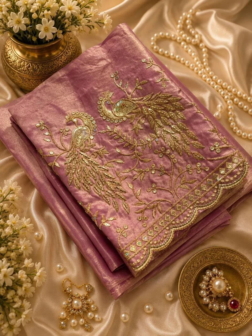 Tryloom Royal Peacock Satin Space Silk Saree – Premium Embroidered Party Wear Designer Saree with Tassels 7