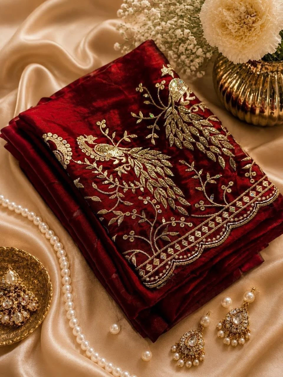 Tryloom Royal Peacock Satin Space Silk Saree – Premium Embroidered Party Wear Designer Saree with Tassels 8
