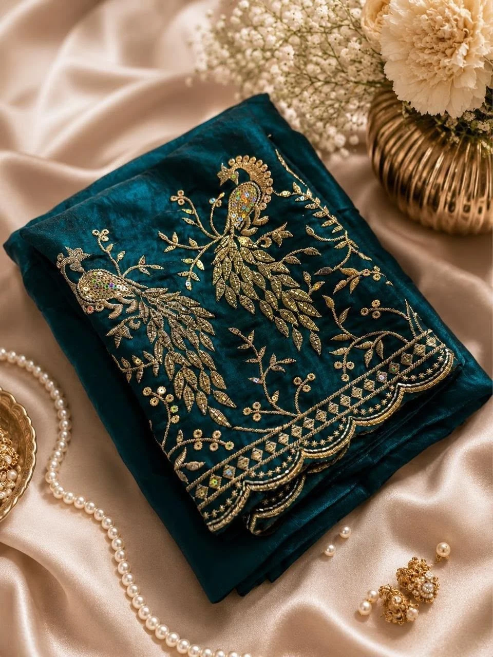 Tryloom Royal Peacock Satin Space Silk Saree – Premium Embroidered Party Wear Designer Saree with Tassels 9