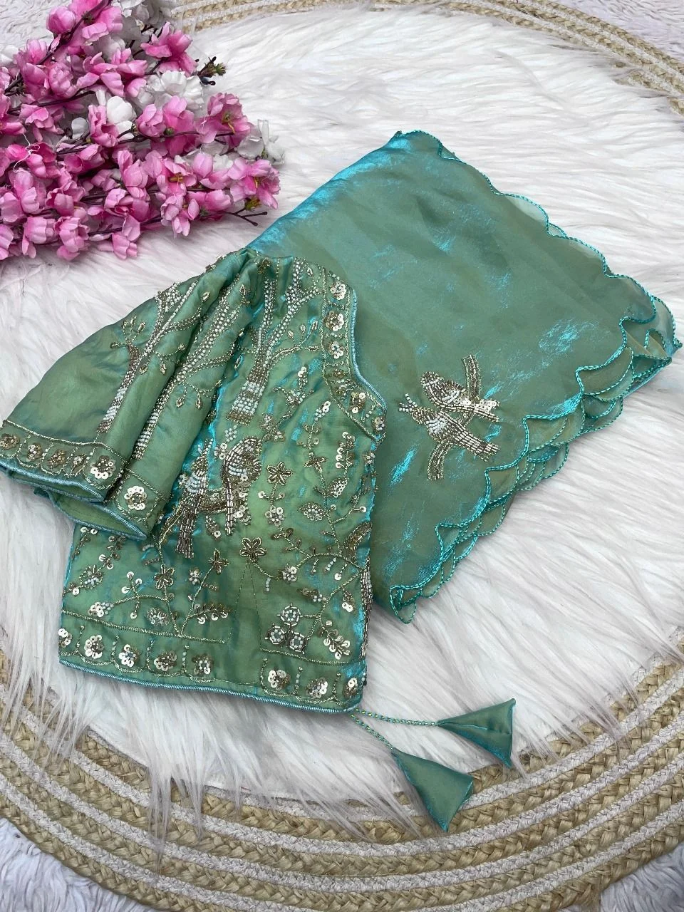 Tryloom Koyal Designer Pure Soft Fandy Satin Silk Saree | Handwork Cutwork Border Party Wear Saree with Stitched Blouse 1