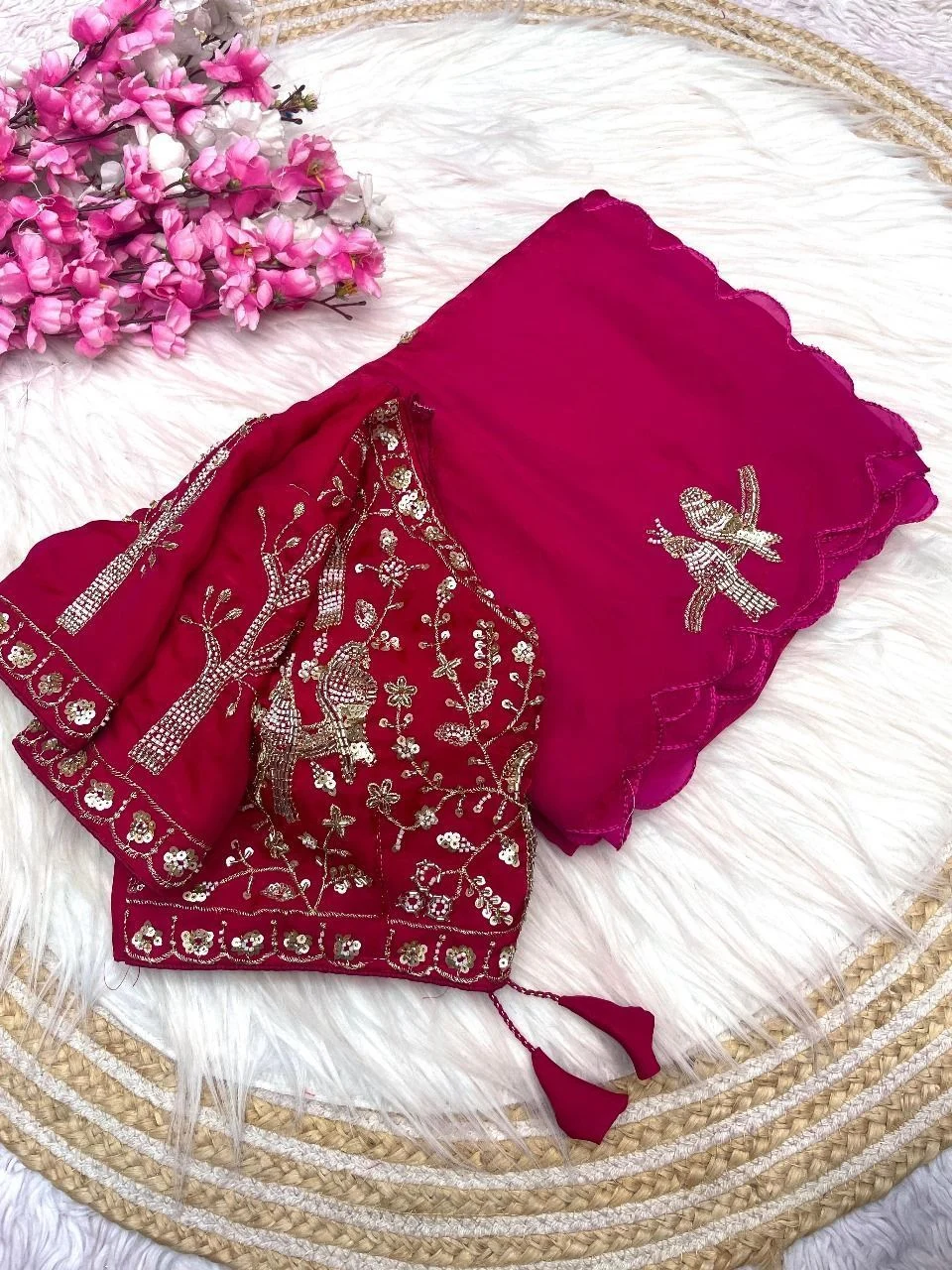 Tryloom Koyal Designer Pure Soft Fandy Satin Silk Saree | Handwork Cutwork Border Party Wear Saree with Stitched Blouse 2
