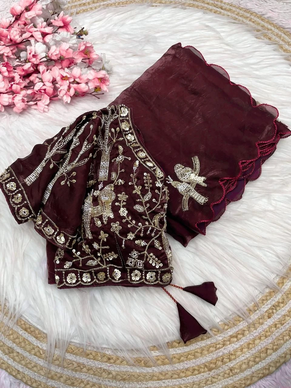 Tryloom Koyal Designer Pure Soft Fandy Satin Silk Saree | Handwork Cutwork Border Party Wear Saree with Stitched Blouse 3