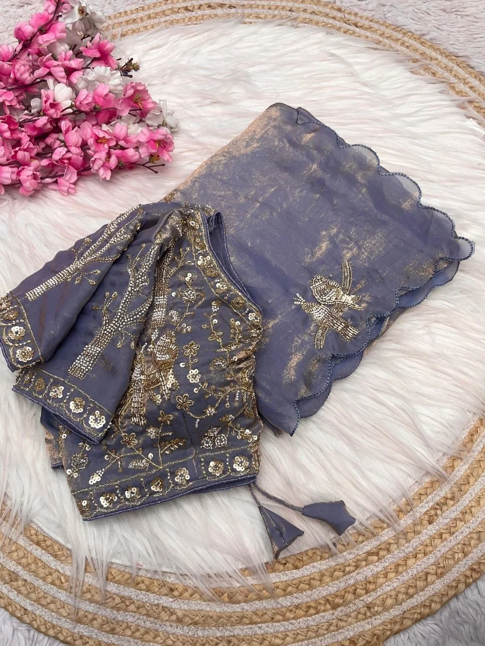 Tryloom Koyal Designer Pure Soft Fandy Satin Silk Saree | Handwork Cutwork Border Party Wear Saree with Stitched Blouse 5