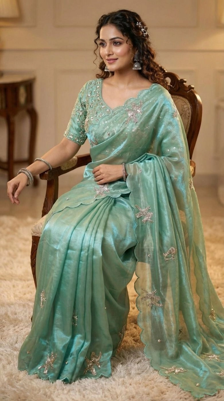 Tryloom Koyal Designer Pure Soft Fandy Satin Silk Saree | Handwork Cutwork Border Party Wear Saree with Stitched Blouse 8