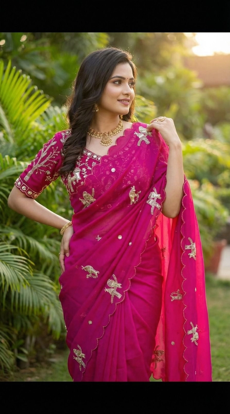 Tryloom Koyal Designer Pure Soft Fandy Satin Silk Saree | Handwork Cutwork Border Party Wear Saree with Stitched Blouse 9