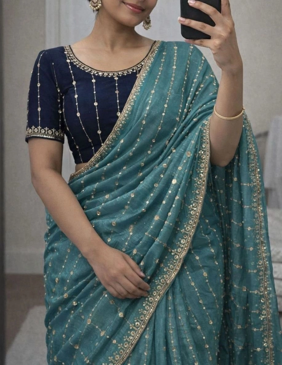 Tryloom Royal Star Georgette Sequence Work Saree | Premium Party Wear Designer Saree with Contrast Running Blouse 8