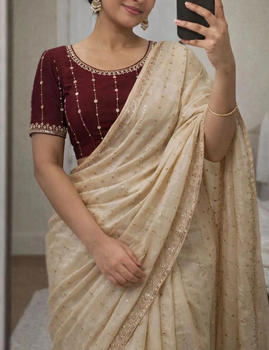 Tryloom Royal Star Georgette Sequence Work Saree | Premium Party Wear Designer Saree with Contrast Running Blouse 9