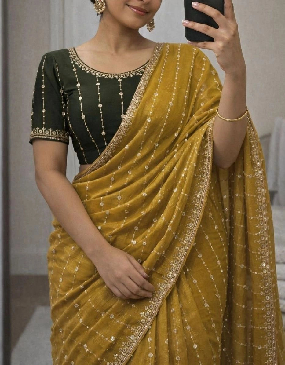 Tryloom Royal Star Georgette Sequence Work Saree | Premium Party Wear Designer Saree with Contrast Running Blouse 10