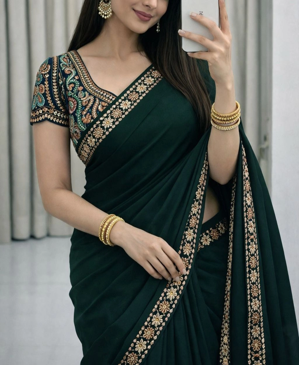 Tryloom Royal Satin Space Silk Embroidered Saree | Premium Sequins Work Designer Party Wear Saree with Heavy Embroidered Blouse 11
