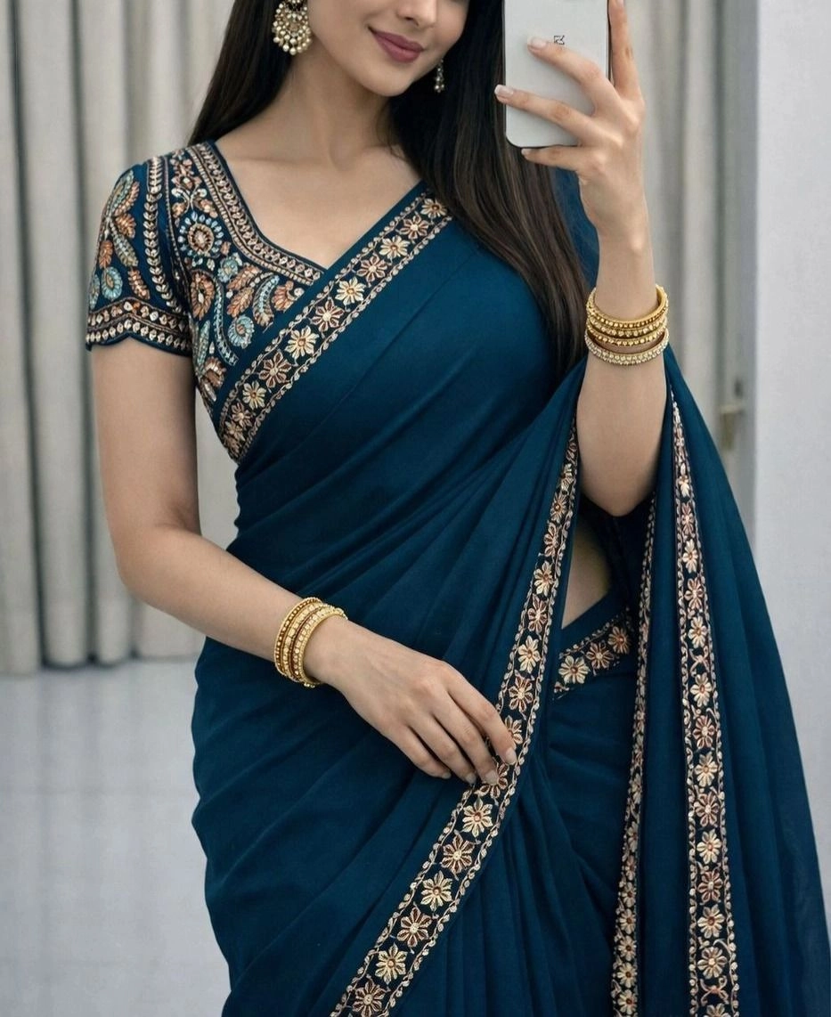 Tryloom Royal Satin Space Silk Embroidered Saree | Premium Sequins Work Designer Party Wear Saree with Heavy Embroidered Blouse 9