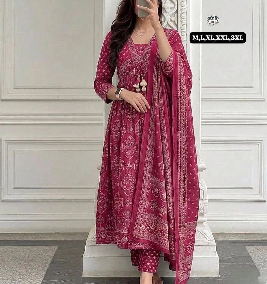 Tryloom Royal Bloom Premium Cotton Anarkali Kurta Set | Embroidered Neck Designer 3-Piece Ethnic Wear for Women 3
