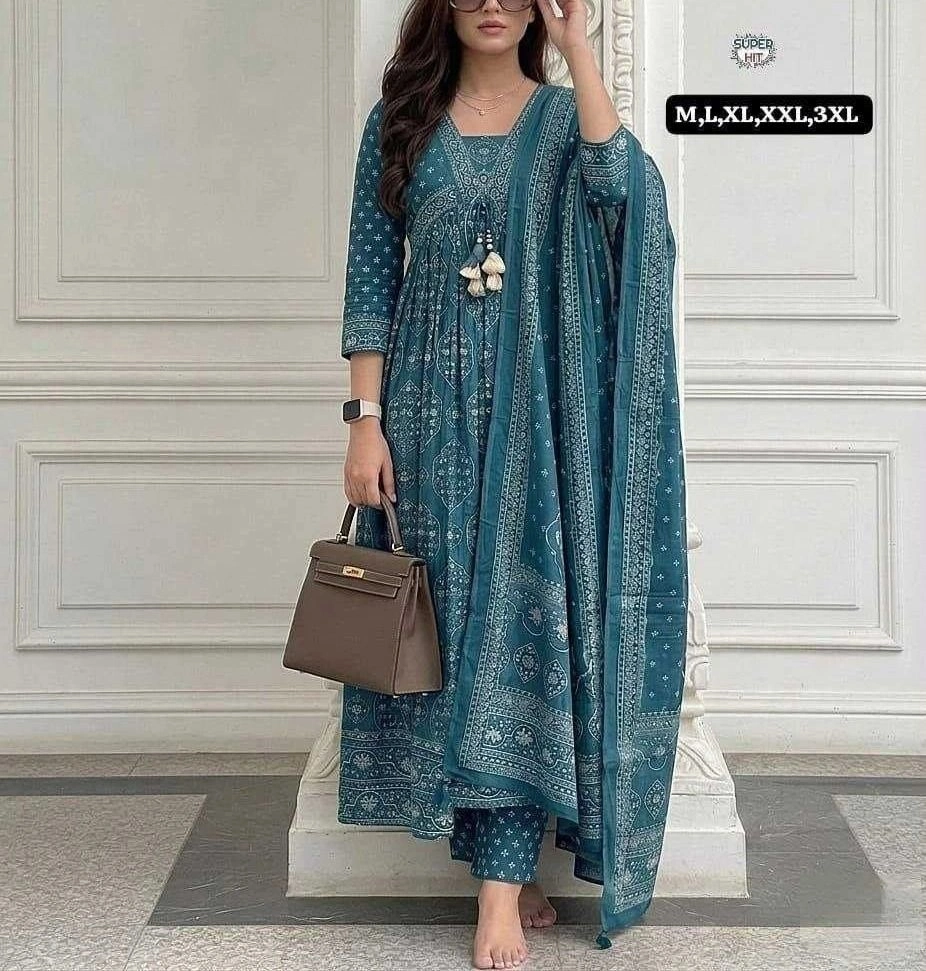 Tryloom Royal Bloom Premium Cotton Anarkali Kurta Set | Embroidered Neck Designer 3-Piece Ethnic Wear for Women 1