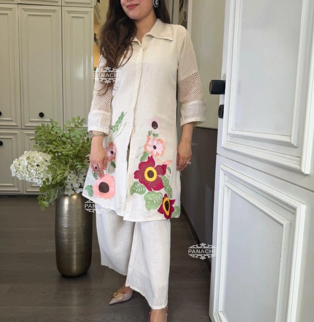 Tryloom Floral Grace Premium Cotton Jute Embroidered Co-Ord Set | Designer White Cotton Kurta & Pant Set for Women 1