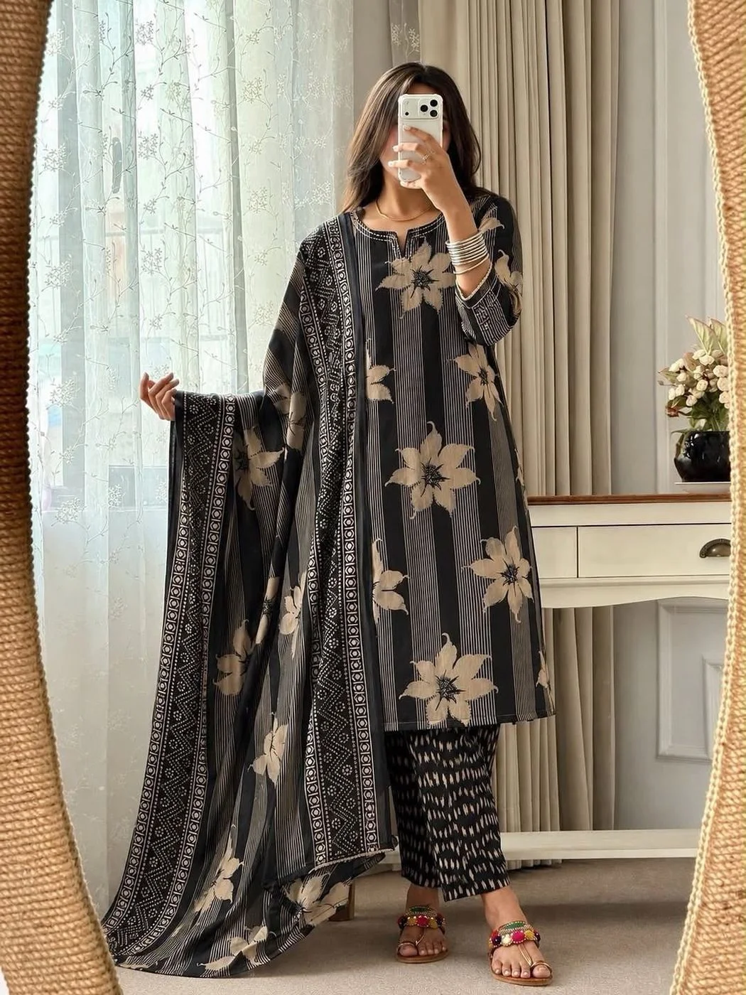 Tryloom Blossom Grace Premium Cotton 3-Piece Kurta Set | Hand Work Straight Kurti with Malmal Dupatta | Designer Ethnic Wear for Women 6