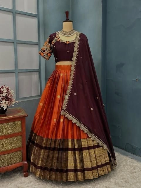 Royal Kanjivaram Silk Designer Lehenga Set | Premium Bridal & Festive Embroidered Lehenga with Maggam Work Blouse 1