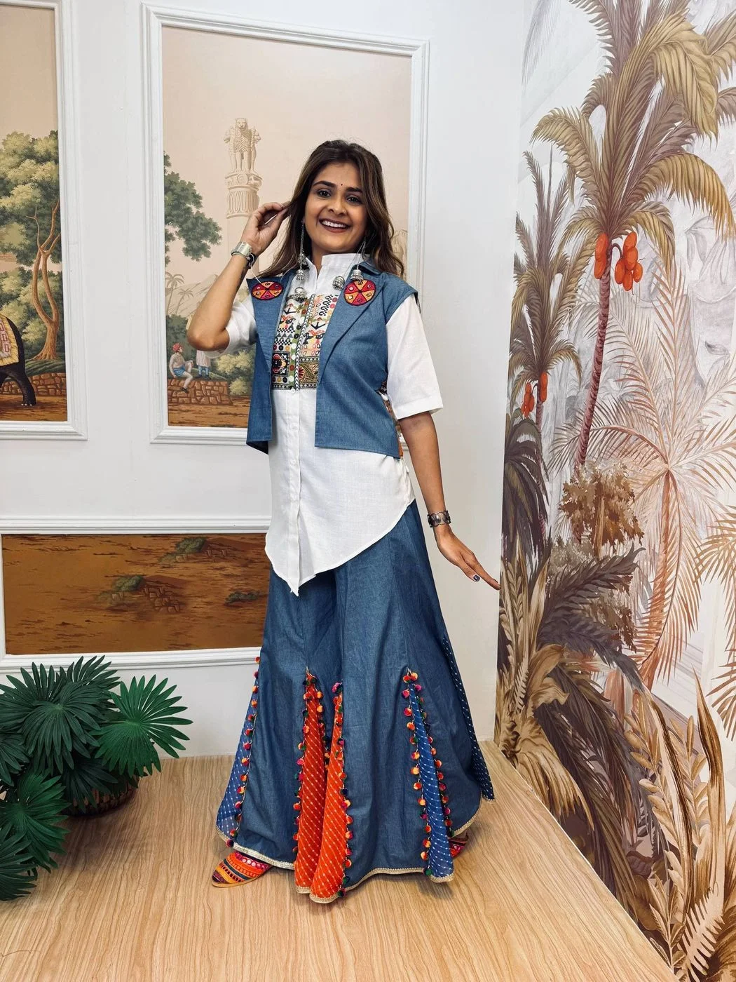 Tryloom Navratri Heritage Denim Co-Ord Set | Premium Cotton Embroidered Koti, Shirt & Palazzo Set for Women 1
