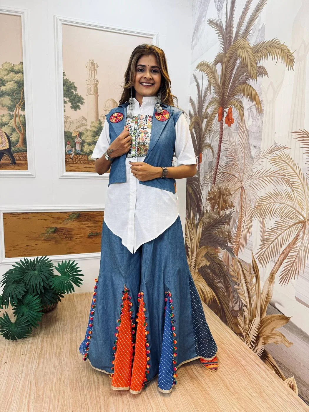 Tryloom Navratri Heritage Denim Co-Ord Set | Premium Cotton Embroidered Koti, Shirt & Palazzo Set for Women 3