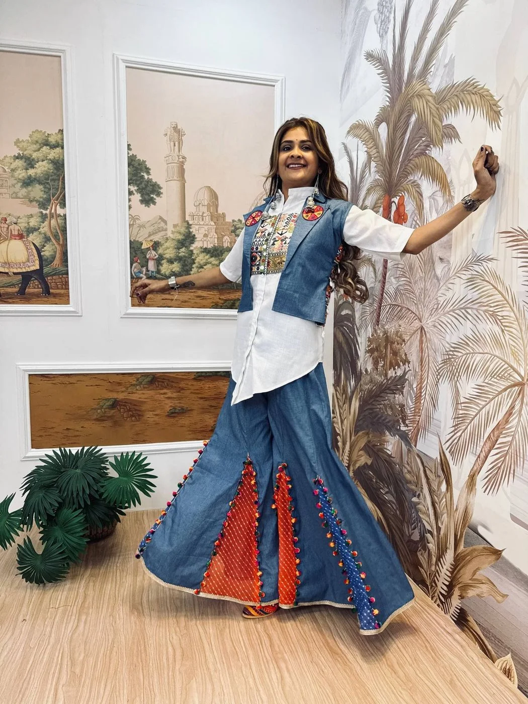 Tryloom Navratri Heritage Denim Co-Ord Set | Premium Cotton Embroidered Koti, Shirt & Palazzo Set for Women 4