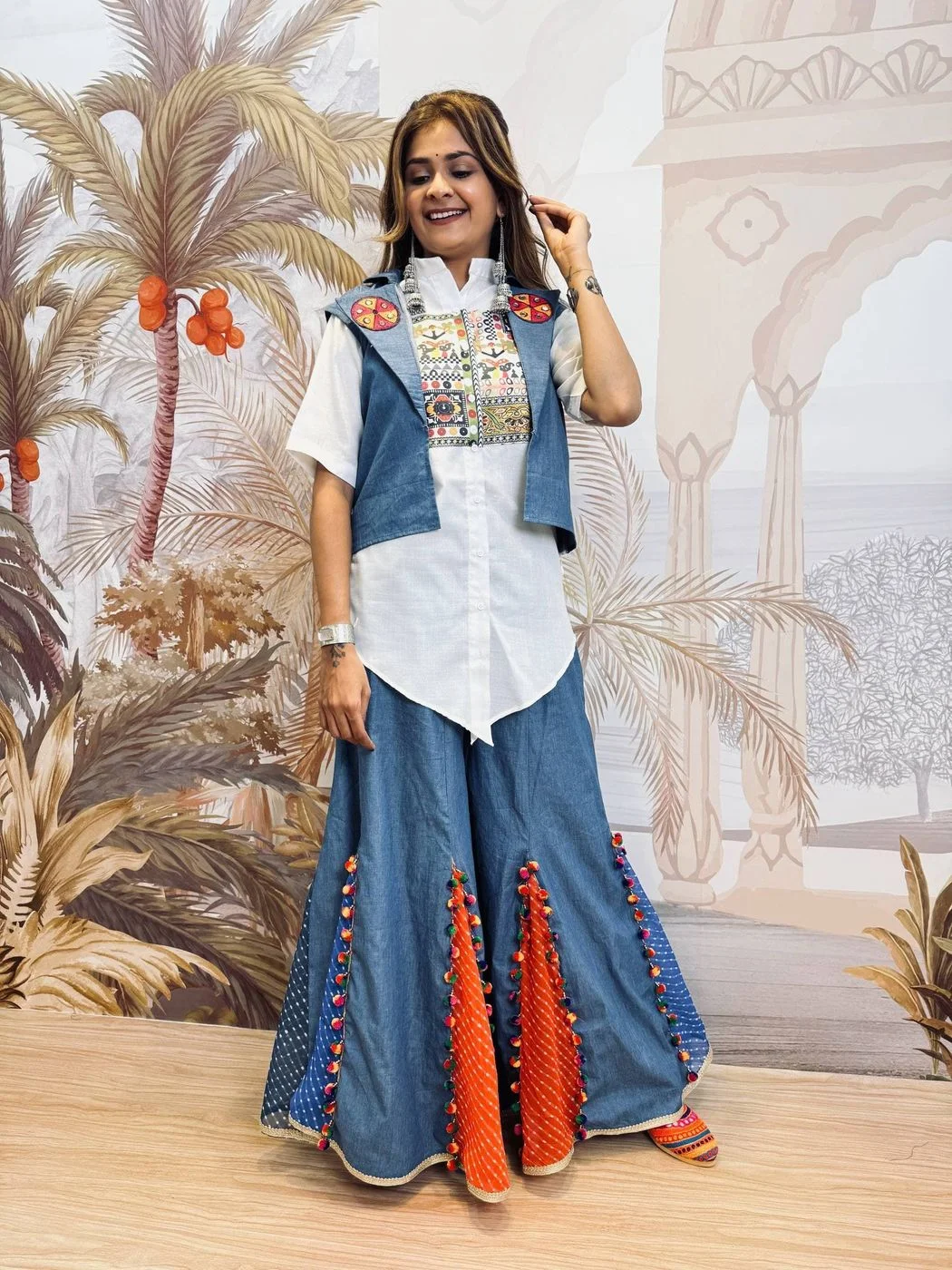 Tryloom Navratri Heritage Denim Co-Ord Set | Premium Cotton Embroidered Koti, Shirt & Palazzo Set for Women 5