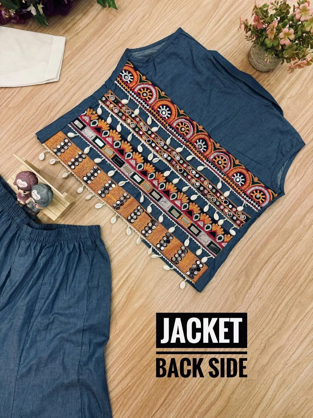Tryloom Navratri Heritage Denim Co-Ord Set | Premium Cotton Embroidered Koti, Shirt & Palazzo Set for Women 6