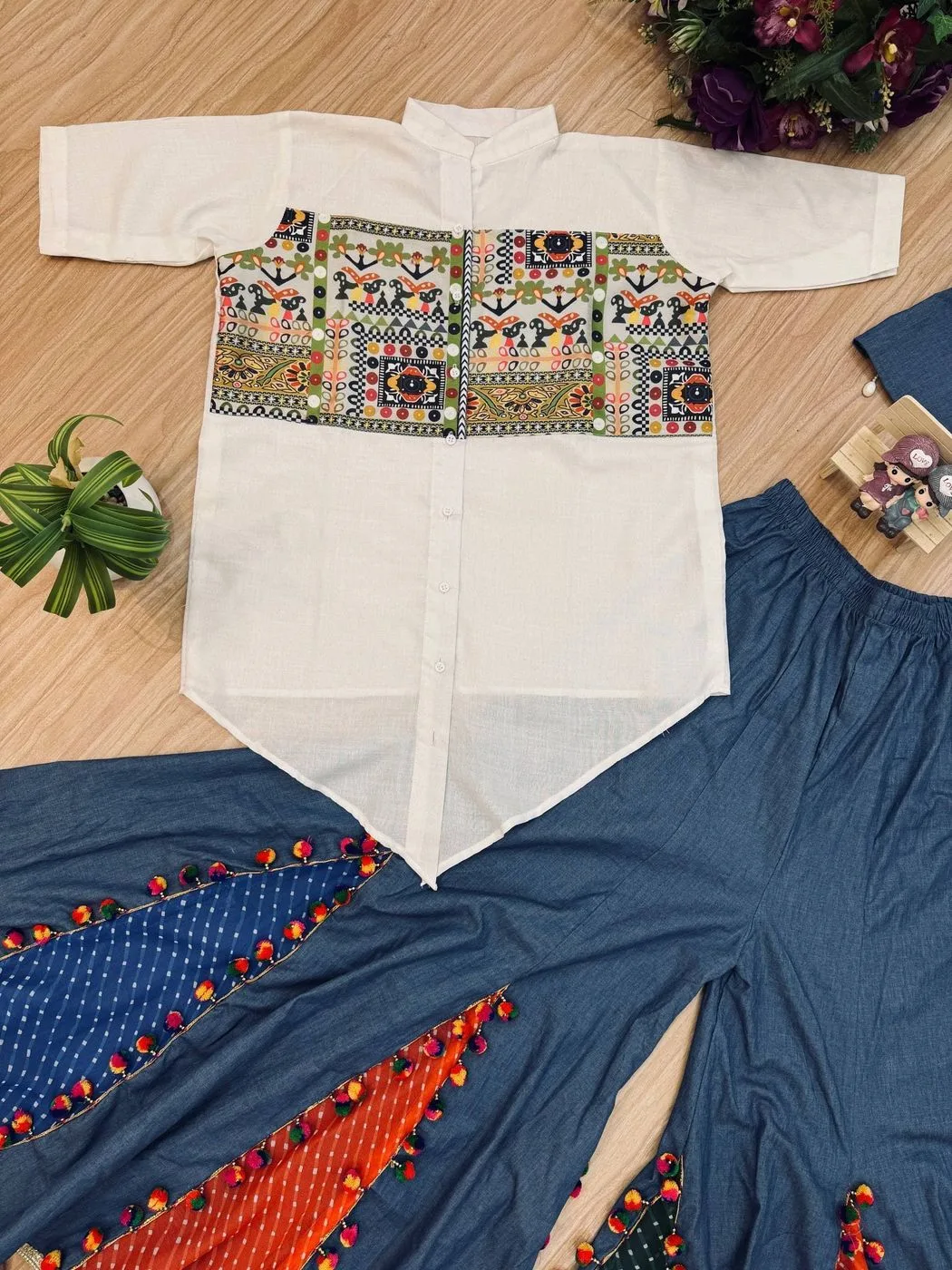 Tryloom Navratri Heritage Denim Co-Ord Set | Premium Cotton Embroidered Koti, Shirt & Palazzo Set for Women 7