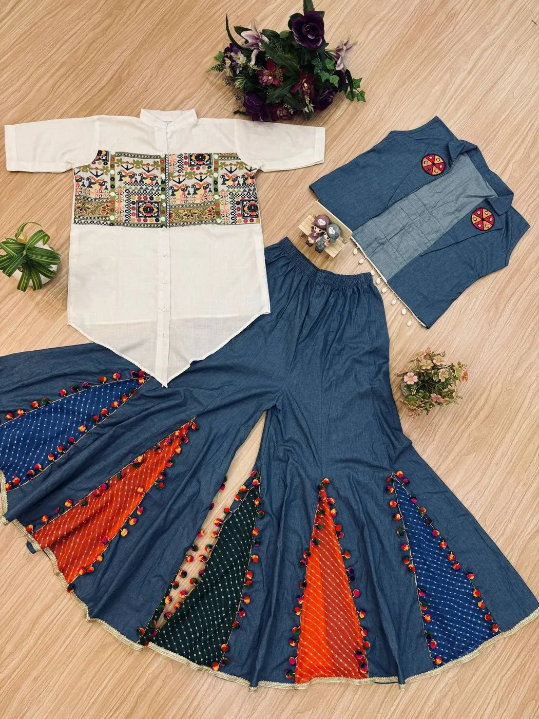 Tryloom Navratri Heritage Denim Co-Ord Set | Premium Cotton Embroidered Koti, Shirt & Palazzo Set for Women 8