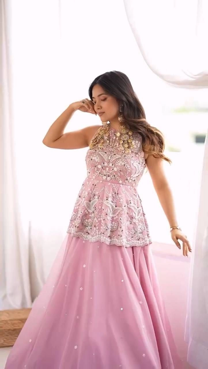 Tryloom Blush Blossom Faux Georgette Silk Designer Lehenga Set | Premium Embroidered Party Wear Lehenga for Women 1