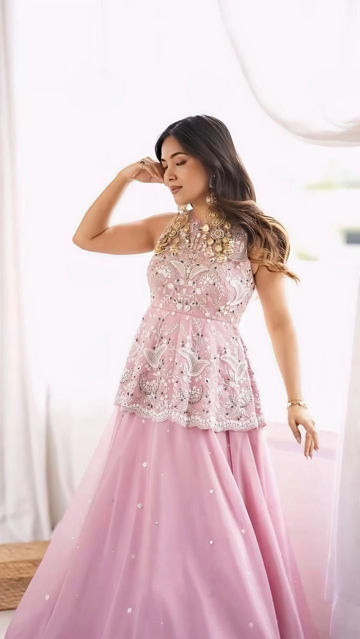 Tryloom Blush Blossom Faux Georgette Silk Designer Lehenga Set | Premium Embroidered Party Wear Lehenga for Women 5