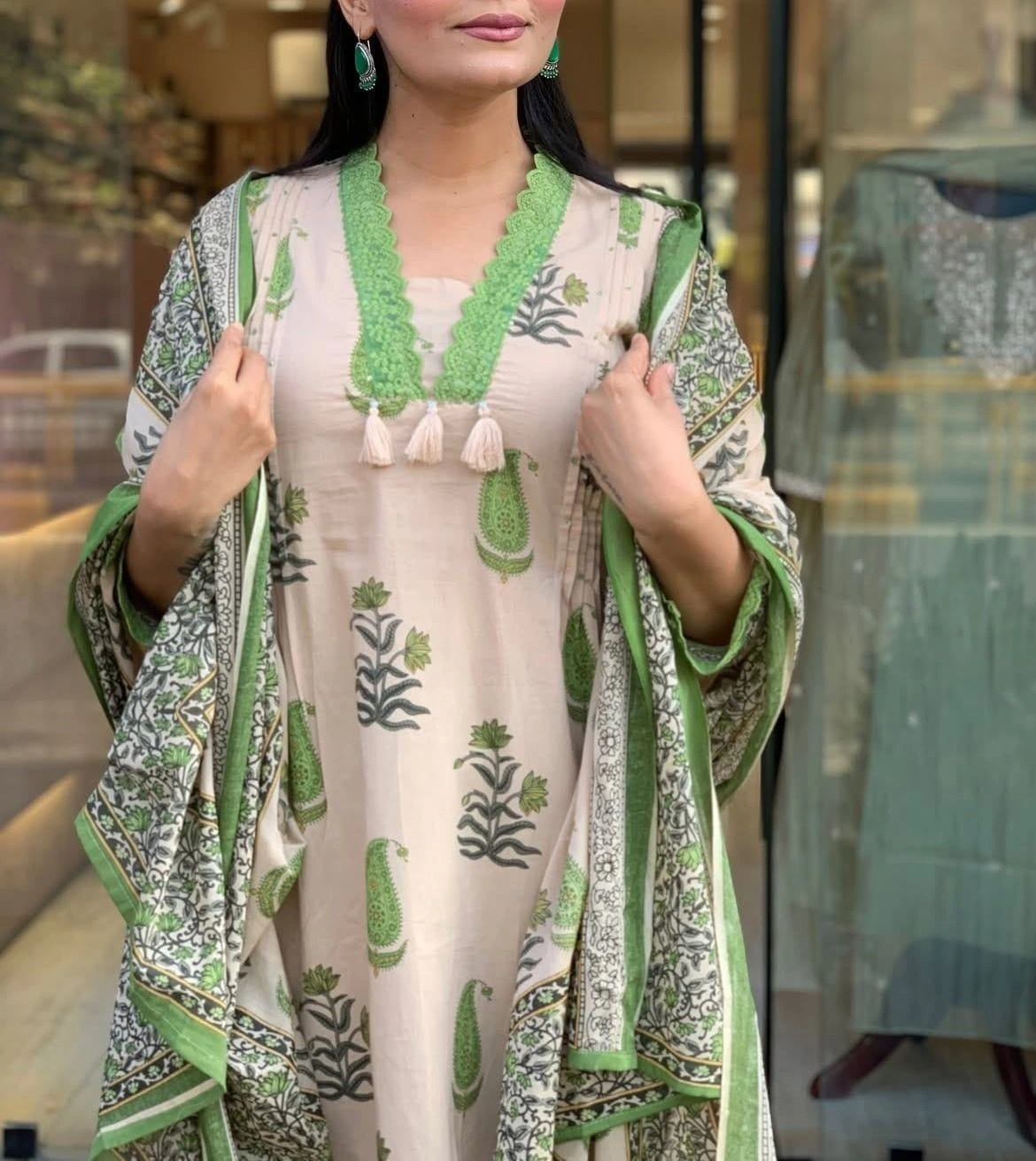 Tryloom Heritage Bloom Premium Cotton A-Line Kurta Palazzo Set with Printed Dupatta | Designer Ethnic Wear for Women ( Green ) 3