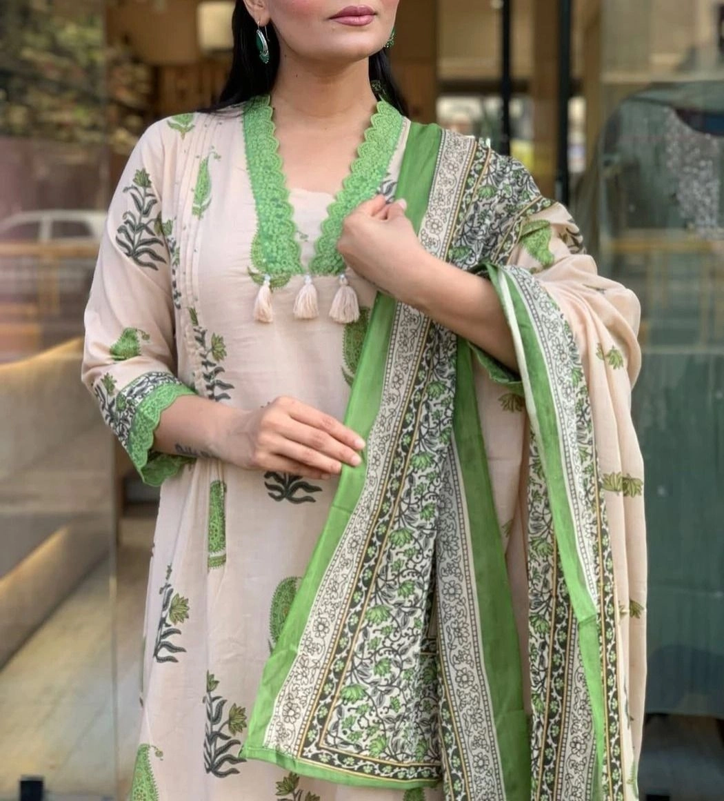 Tryloom Heritage Bloom Premium Cotton A-Line Kurta Palazzo Set with Printed Dupatta | Designer Ethnic Wear for Women ( Green ) 2