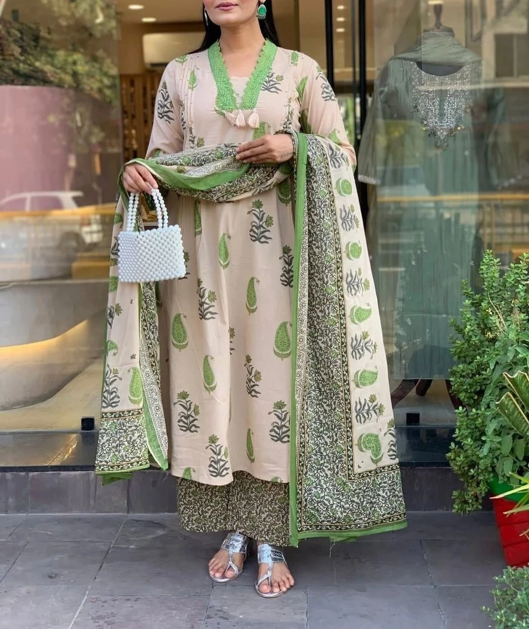 Tryloom Heritage Bloom Premium Cotton A-Line Kurta Palazzo Set with Printed Dupatta | Designer Ethnic Wear for Women ( Green ) 1