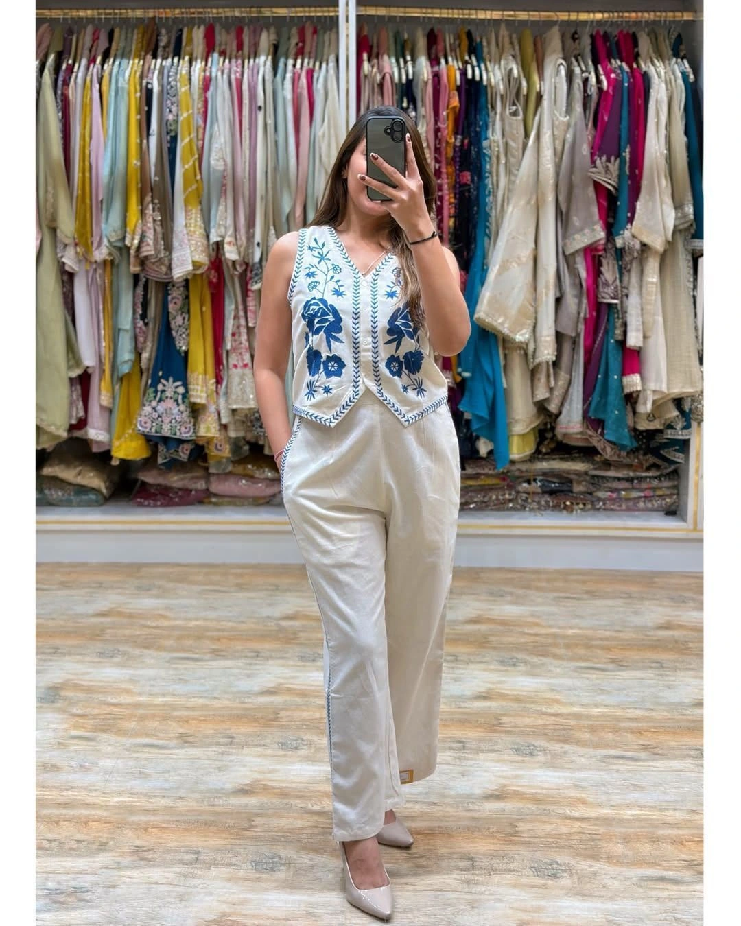 Tryloom Azure Bloom Premium Cotton Flex Co-Ord Set | Designer Embroidered Top & Pant for Women 1
