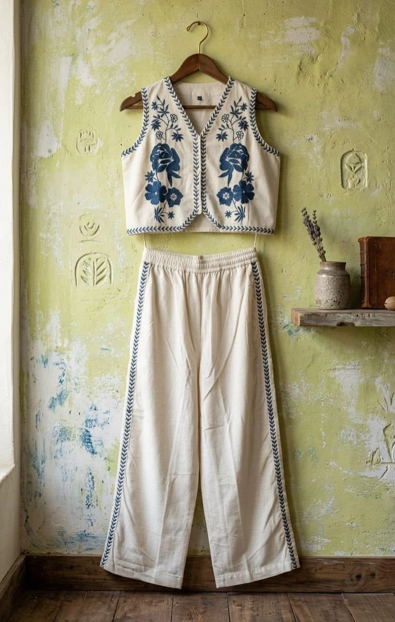 Tryloom Azure Bloom Premium Cotton Flex Co-Ord Set | Designer Embroidered Top & Pant for Women 3