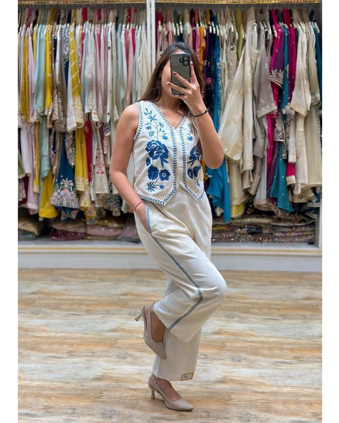 Tryloom Azure Bloom Premium Cotton Flex Co-Ord Set | Designer Embroidered Top & Pant for Women 4