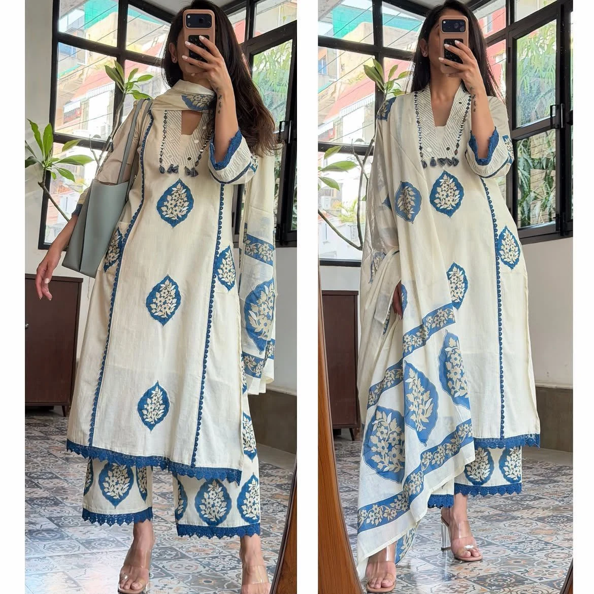 Tryloom Royal Indigo Jaipuri Cotton 3-Piece Suit Set | Premium Hand Appliqué Kurti, Pant & Dupatta for Women 1