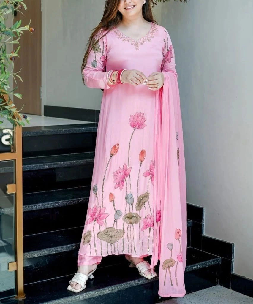 Tryloom Blossom Royale Premium Chinon Handwork Kurti Set | Luxury A-Line 3-Piece Ethnic Suit for Women 1