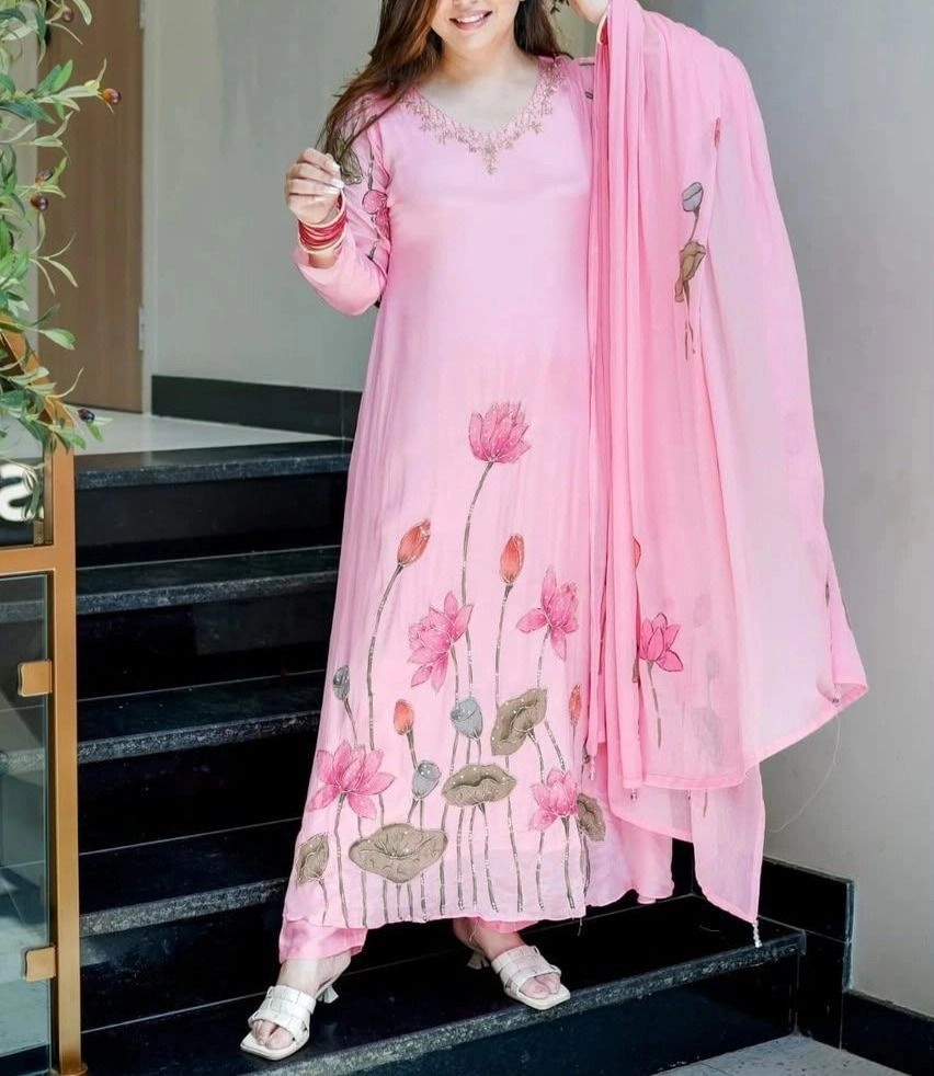 Tryloom Blossom Royale Premium Chinon Handwork Kurti Set | Luxury A-Line 3-Piece Ethnic Suit for Women 2