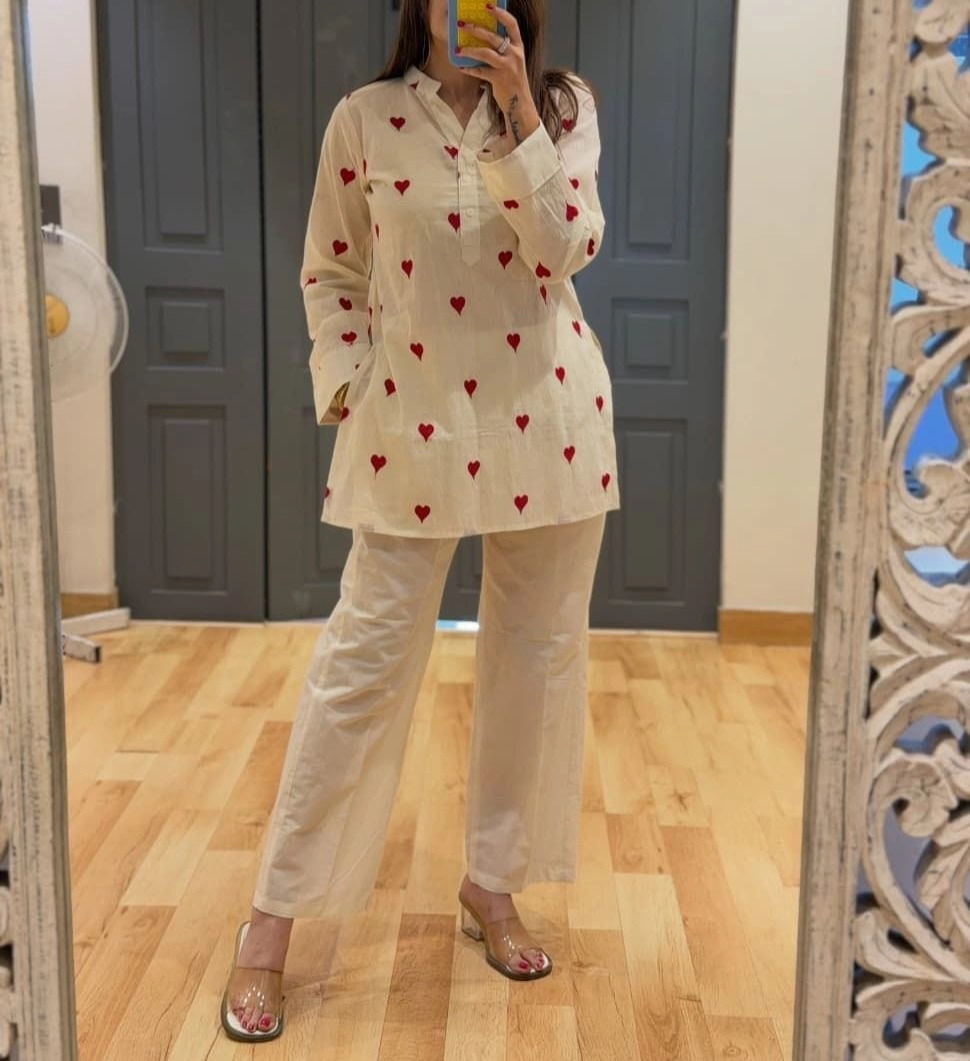 Tryloom Cupid Charm Premium Cotton Embroidered Co-Ord Set | Women's Summer Cotton Kurti Pant Set | Elegant Casual & Office Wear 3