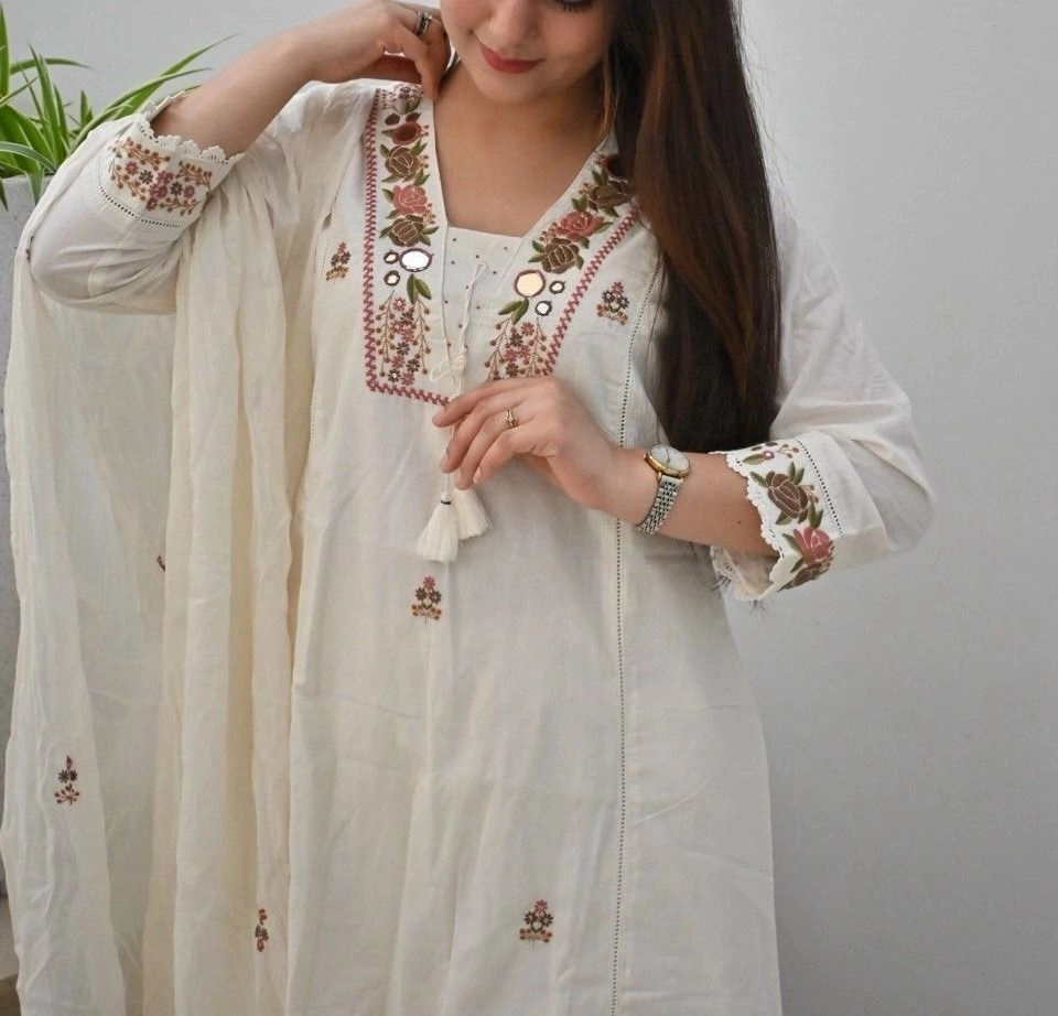 Tryloom Ivory Blossom Pure Cotton Embroidered 3-Piece Suit Set | Premium Kurti, Pant & Malmal Dupatta for Women 2