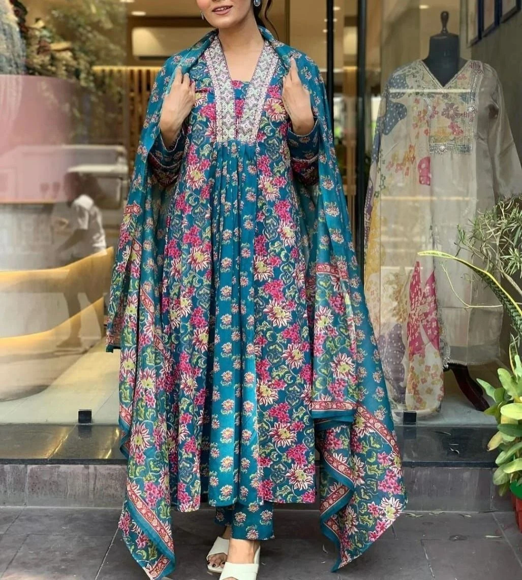 Tryloom Royal Bloom Premium Cotton Kurti Palazzo & Dupatta Set | Heavy Cotton Embroidered 3-Piece Ethnic Wear 1